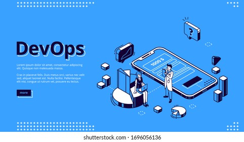 DevOps banner. Concept of development operations, communication of programmers and engineers. Vector landing page of project integration with isometric working people and smartphone with payment app