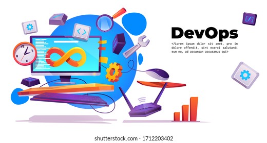 DevOps banner. Concept of development operations. Vector landing page of project integration with cartoon illustration of computer screen with lifecycle infinity sign, clock and router