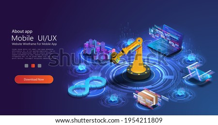 Devops banner. Development operations, continuous process software production and administration. Hologram of lifecycle infinity symbol and robot manipulators. 3d design programming or creating city