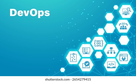 Web de banner de DevOps. conceito para engenharia e desenvolvimento de software com um ícone de um plano, código, construção, teste, lançamento, implantação, operação e monitor. ilustração vetorial EPS 10.