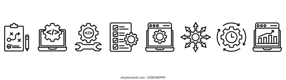 Concepto de Ilustración vectorial de íconos de Web de Anuncio de DevOps para ingeniería y desarrollo de software con un ícono de un Plan, código, compilación, prueba, Autorización, implementación, operación y monitoreo. Vector stock. eps 10. 