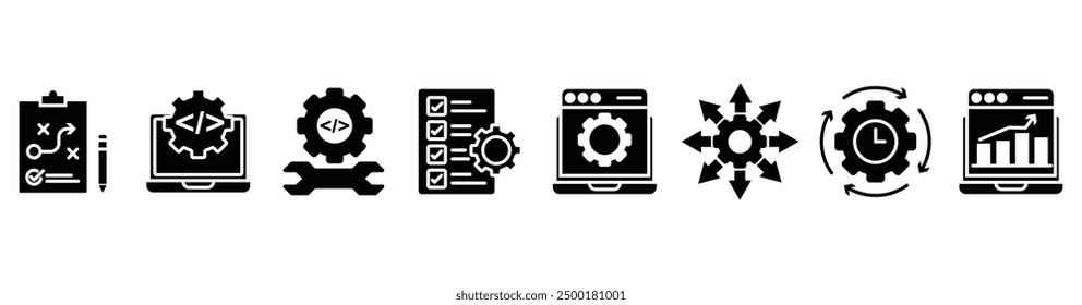 Concepto de Ilustración vectorial de íconos de Web de Anuncio de DevOps para ingeniería y desarrollo de software con un ícono de un Plan, código, compilación, prueba, Autorización, implementación, operación y monitoreo. Vector stock. eps 10. 