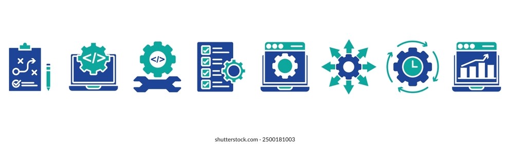 Concepto de Ilustración vectorial de íconos de Web de Anuncio de DevOps para ingeniería y desarrollo de software con un ícono de un Plan, código, compilación, prueba, Autorización, implementación, operación y monitoreo. Vector stock. eps 10. 