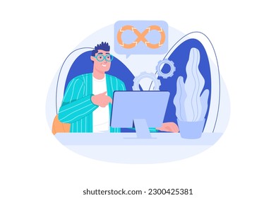 Devops blue concept with people scene in the flat cartoon design. Creative man is engaged in the development of various computer programs. Vector illustration.