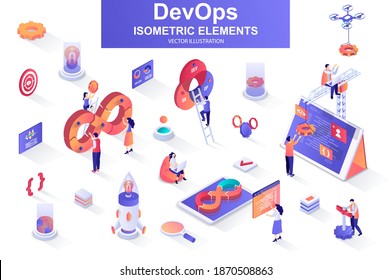 DevOps Bundle Of Isometric Elements. Startup Launch, Software Development, Deployment And Testing, Automation And Programming Isolated Icons. Isometric Vector Illustration Kit With People Characters.