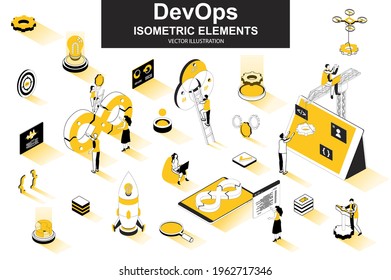 DevOps Bundle Of Isometric Elements. Startup Launch, Software Development, Deployment And Testing, Automation And Programming Isolated Icons. Isometric Vector Illustration Kit With People Characters.