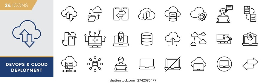 DevOps and Cloud Deployment Line Icons Set – Automation, Server Integration Outline Vector Collection