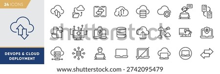 DevOps and Cloud Deployment Line Icons Set – Automation, Server Integration Outline Vector Collection