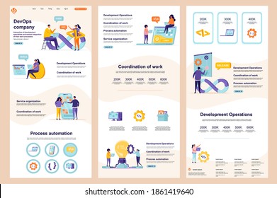 DevOps Firma flach Landing Seite. Ingenieurwesen und Automatisierungssystem Corporate Website Design. Webbanner-Vorlage mit Header, mittlerem Inhalt und Fußzeile. Vektorgrafik mit Menschen-Zeichen.