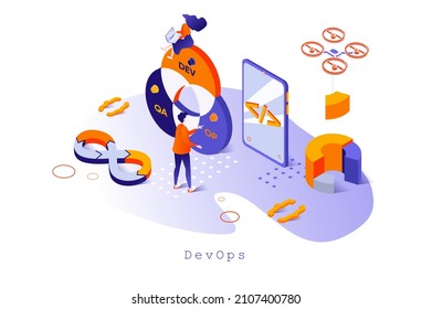 DevOps concept in 3d isometric design. Programming and development operations, working administration and workflow management service, web template with people scene. Vector illustration for webpage