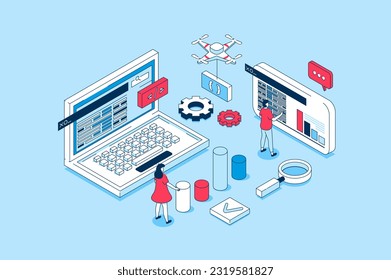 DevOps concept in 3d isometric design. People working with computers, communication and collaboration agile processes on programming products. Vector illustration with isometry scene for web graphic