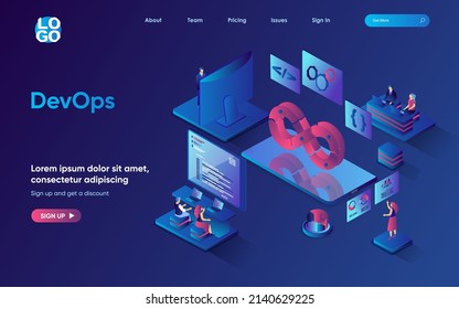 DevOps Concept 3d Isometric Web Landing Page. People Working In Team, Programmers Interact With Tech Support Engineers, Development Operation. Vector Illustration For Web Template Design