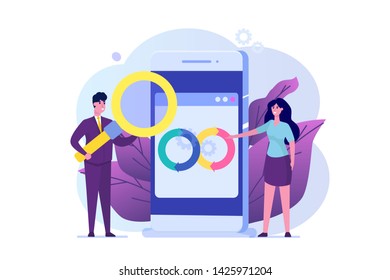  Devops concept. Application development, building.  API prototyping, programming and testing. Vector illustration