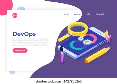  Devops concept. Application development, building.  API prototyping, programming and testing. Vector illustration
