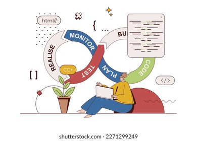 DevOps Konzept mit Charaktersituation in flachem Design. Entwicklerinnen, die an Projekt-, Start- und Entwicklungsprojekten für Produkt-, Test- und Kodieranwendungen arbeiten. Vektorgrafik mit Menschen-Szene für Web