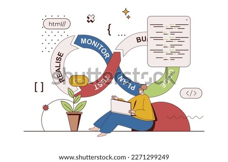 DevOps concept with character situation in flat design. Woman developer working on project, launching and developing product, testing and coding apps. Vector illustration with people scene for web