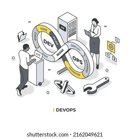 DevOps concept. Developers and IT operations collaborate on software development lifecycle. Isometric vector illustration