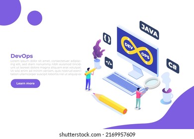 DevOps concept. Development operations scene template. Vector illustration.