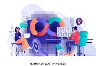 DevOps concept in flat design. Development operations scene template. Team of programmer working at laptop, coding, testing, engineering process. Vector illustration of people characters activities