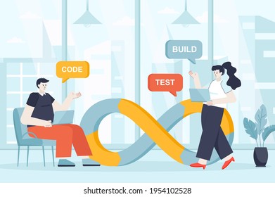 DevOps concept in flat design. Teamwork and communication in office scene. Developer and programmer working project, coding, testing building. Vector illustration of people characters for landing page