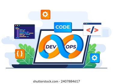 DevOps concept flat vector illustration, Software development and IT operation process, Technical support, DevOps Methodology, Administration development operations, Programmer using DevOps method