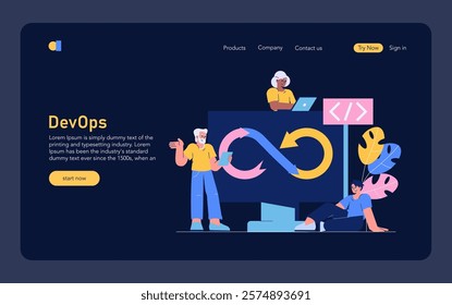 DevOps concept. Illustration showing professionals managing software development and operations workflow. Efficient teamwork, continuous integration, and deployment. Vector illustration.