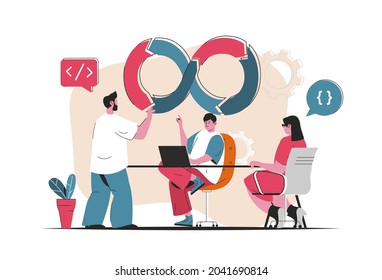 DevOps concept isolated. Software development in team, processes organization. People scene in flat cartoon design. Vector illustration for blogging, website, mobile app, promotional materials.
