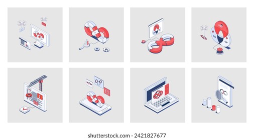 DevOps concept of isometric icons in 3d isometry design for web. Agile development operation practice, programming and management teamwork, creating and release products cycle. Vector illustration