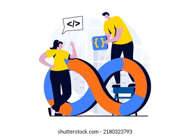 DevOps concept with people scene in flat cartoon design. Man and woman coding and programming software, manager optimize effective work process in company. Vector illustration visual story for web