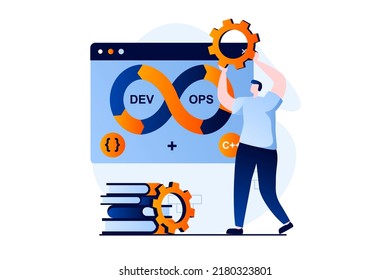 DevOps concept with people scene in flat cartoon design. Man optimizes software creating processes, implements practices of development operations in company. Vector illustration visual story for web
