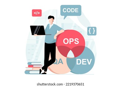 Concepto DevOps con escena de personas en diseño plano. Numerosos programadores codificando, creando software y trabajando en laptop, optimizando el flujo de trabajo en la empresa. Ilustración de vector con situación de caracteres para web