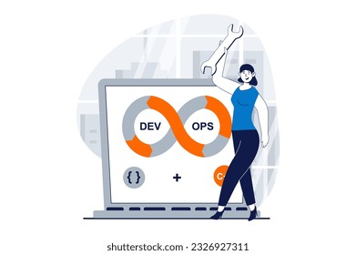 DevOps concept with people scene in flat design for web. Woman using agile project management for optimization programming processes. Vector illustration for social media banner, marketing material.
