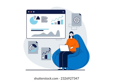 DevOps concept with people scene in flat design for web. Woman working with data graphs of project workflow, optimization processes. Vector illustration for social media banner, marketing material.
