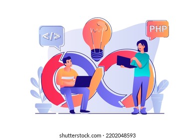 DevOps concept with people scene. Woman and man collaborates on project, brainstorming, programming and management, teamwork communication. Vector illustration with characters in flat design for web