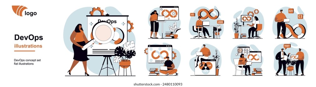 DevOps concept with people scenes mega set in flat web design. Bundle of character situation with development operations agile cycle, team workflow, for programming products. Vector illustrations.