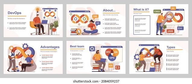 DevOps concept for presentation slide template. People collaborates on software development project, programming and management, communication. Vector illustration with flat persons for layout design