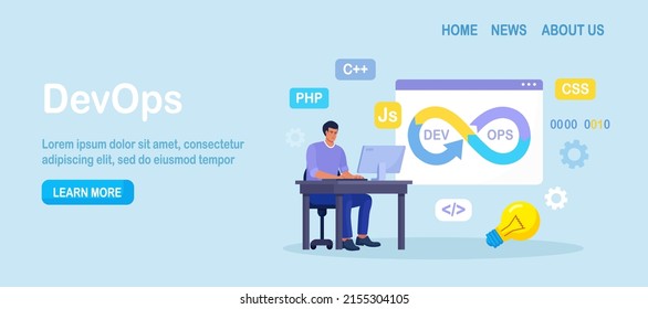 DevOps concept. Programmers practice of development and software operations. Developer working on operations process, technical support, programming code. Programmer using devOps method. Vector design