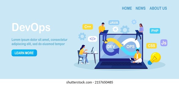 DevOps concept. Programmers practice of development and software operations. Developer working on operations process, technical support, programming code. Programmer using devOps method. Vector design