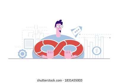 DevOps concept. Software engineering culture and practice of software development and software operation. IT engineer holding dev ops symbol. Flat vector cartoon illustration isolated on white
