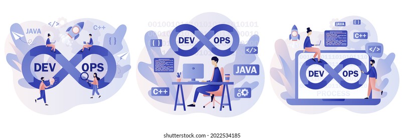 DevOps concept. Tiny programmers  practice of development and software operations. Software engineering culture. Modern flat cartoon style. Vector illustration on white background