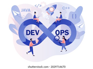 DevOps concept. Tiny programmers practice of development and software operations. Sign of infinity as symbol software engineering. Modern flat cartoon style. Vector illustration on white background