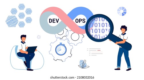 DevOps concept Tiny programmers practice development and software operations Software engineering culture Computer system administration design Technology analysis Flat vector isolated illustration