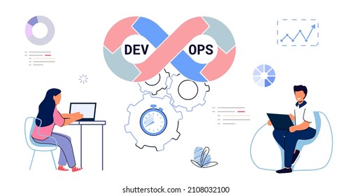 DevOps concept Tiny programmers practice development and software operations Software engineering culture Computer system administration design Technology analysis Flat vector isolated illustration
