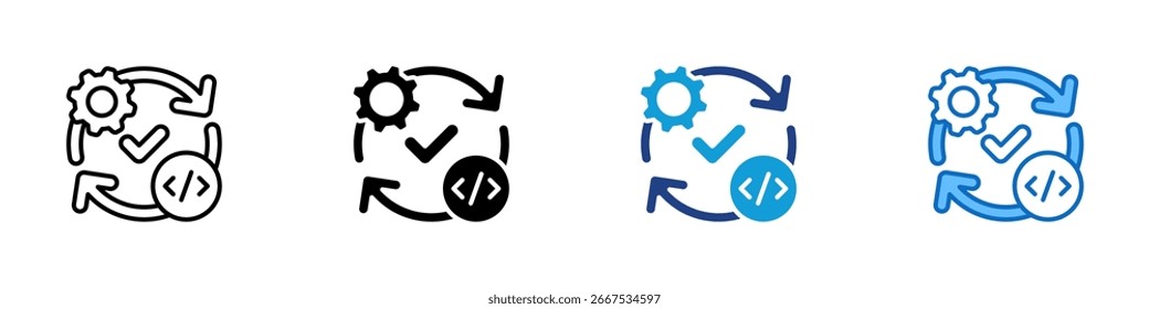 DevOps Cycle Multiple Style Icon Vetor Design - Engrenagem e marca de verificação com setas circulares e símbolo de código, simbolizando DevOps e CI CD