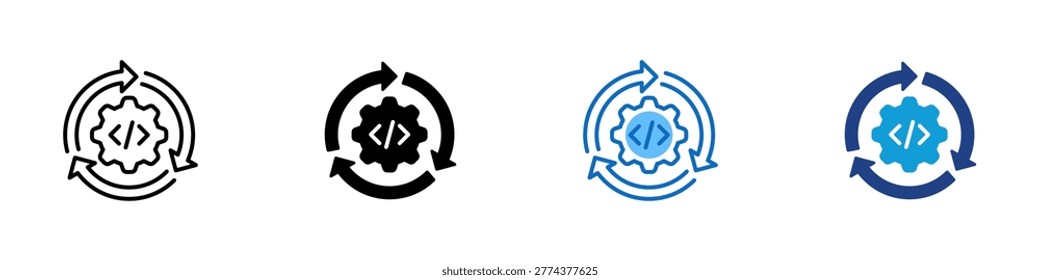 DevOps Cycle Multiple Style Icon Design Vector - Circular arrows surrounding a gear with code brackets representing continuous integration, agile development loop, and automated software update cycle