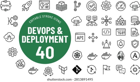 Devops and deployment icon set cloud server cicd docker whale firewall uptime api with deployment technology icons displays collection devops cloud computing Editable Stroke.