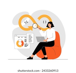 DevOps developer concept. Programmer working on software development, operations process, technical support, automation process. Illustration with people scene in flat design for website and mobile