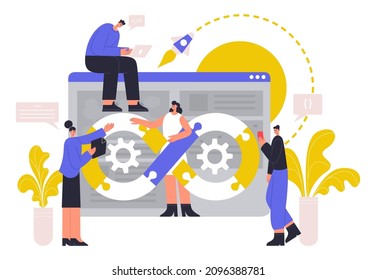 DevOps developers characters, software delivery automation process concept. Software development operations workflow vector illustration. DevOps engineers work process. Team cooperating