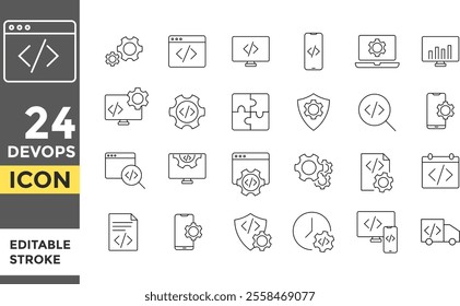 DevOps development Editable line stroke icon set. Test release monitor operate deploy plan code build. Pixel perfect. operations concept. Digital transformation
