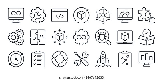 DevOps development and operations concept editable stroke outline icons set isolated on white background flat vector illustration. Pixel perfect. 64 x 64